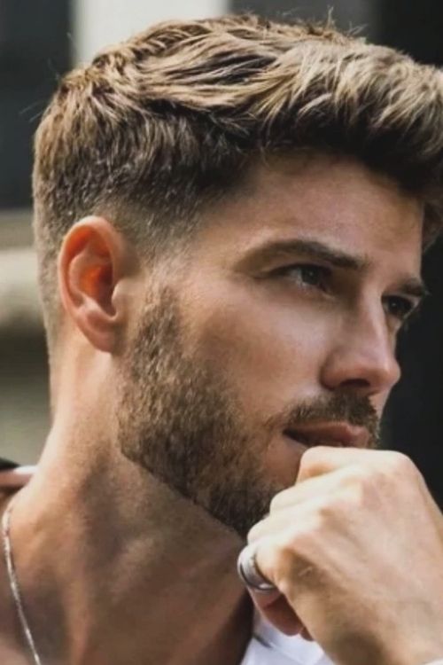 Ash brown textured crop with a low fade featuring a short beard