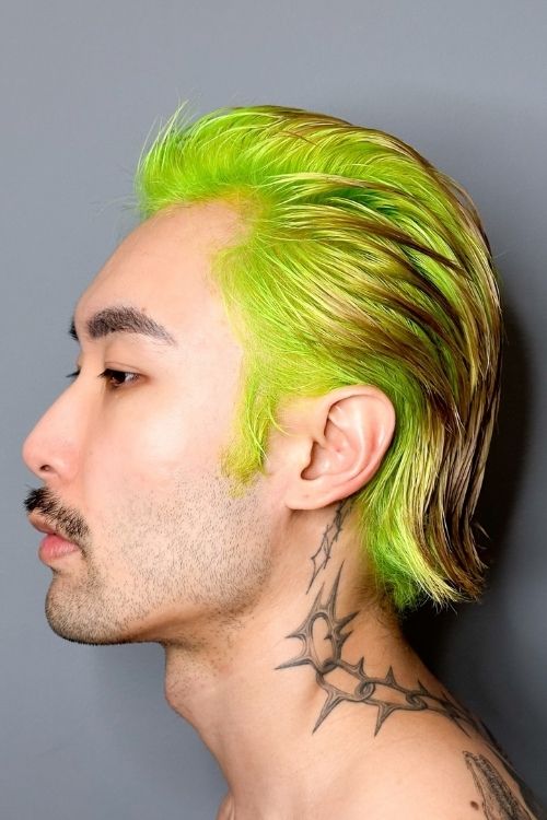 Neon green slicked-back wet look medium length