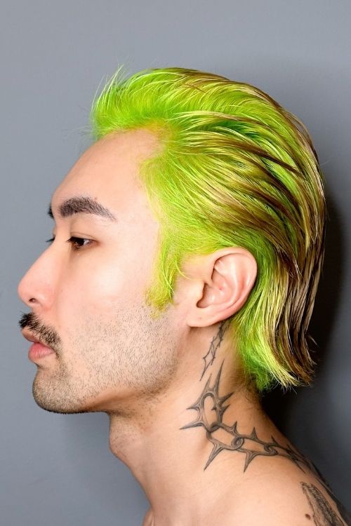 Neon green slicked-back wet look medium length