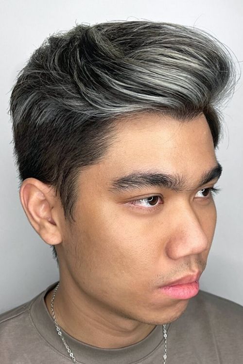 Silver ash highlights with voluminous comb-over fade