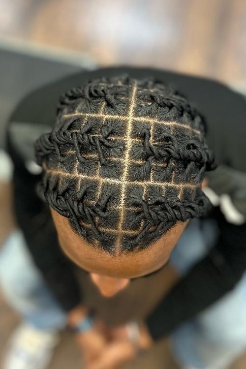  rope twists with square parting and intricate sectioning.