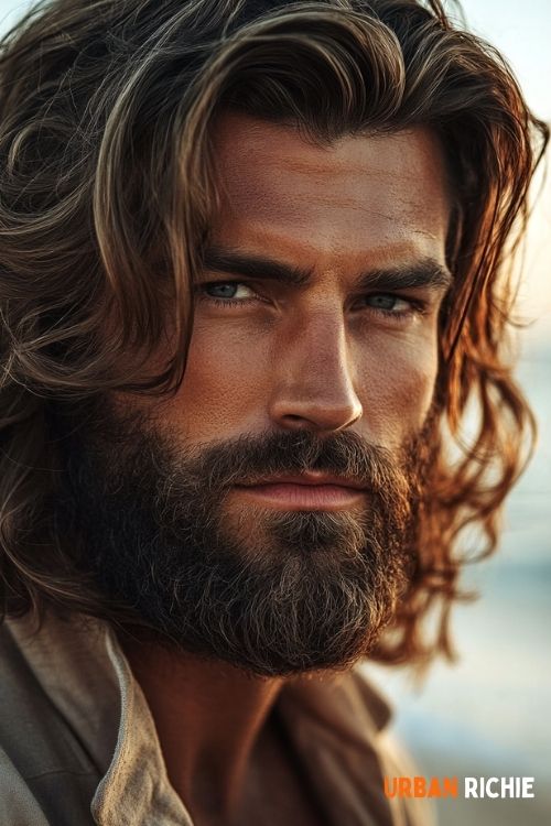 Medium Beard with Sharp Cheek Line and Wavy Hair