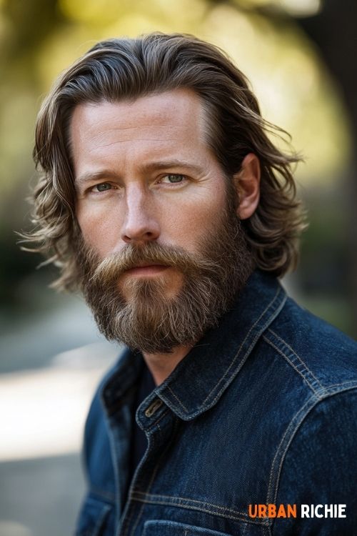 Medium Beard with Tapered Jawline and Side-Swept Hair