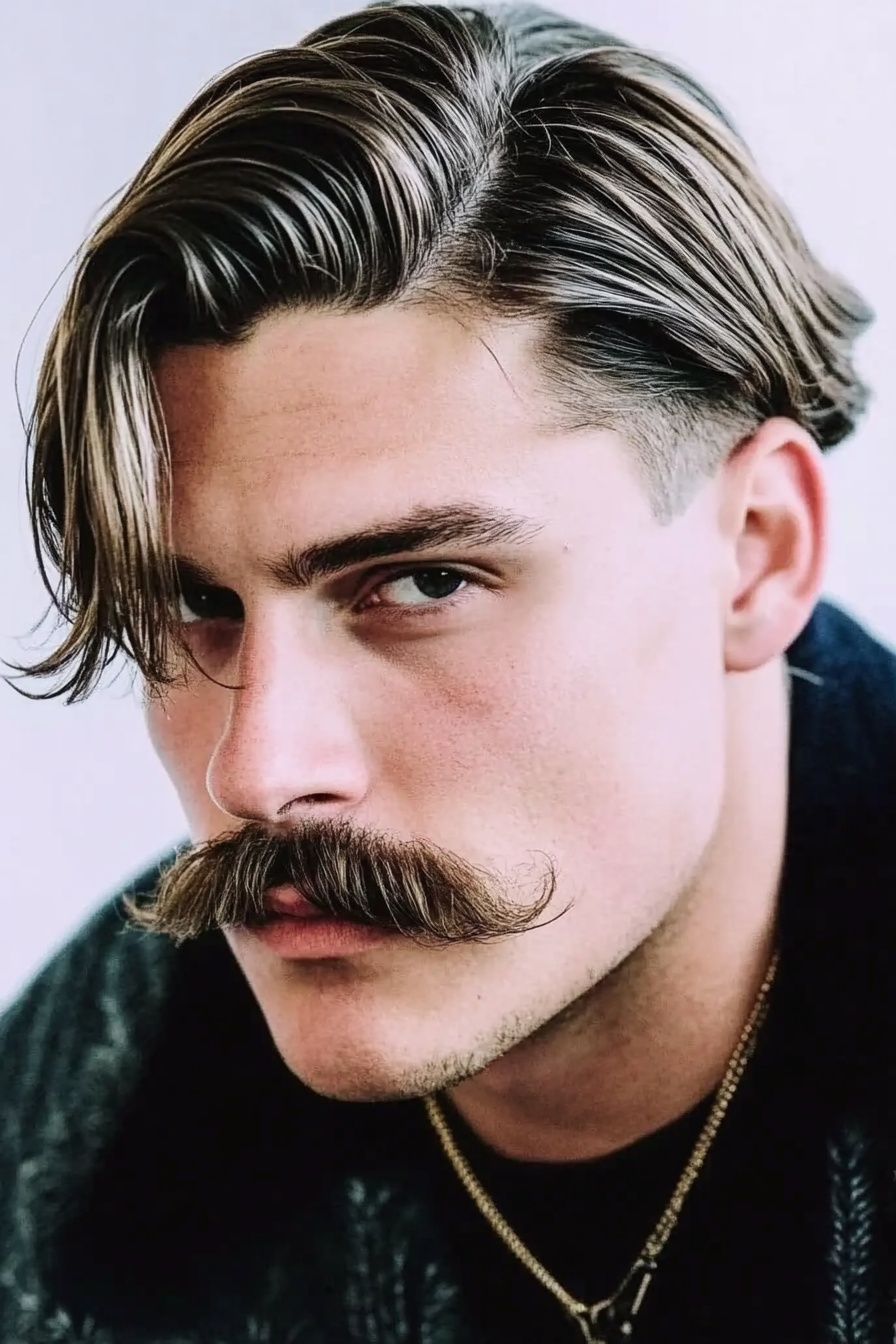 Retro Taper with Long Side Part and Handlebar Mustache