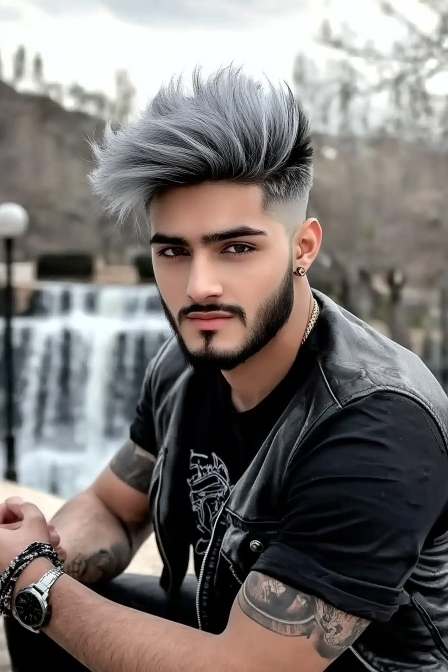 Textured Silver Highlights Tapered Fade