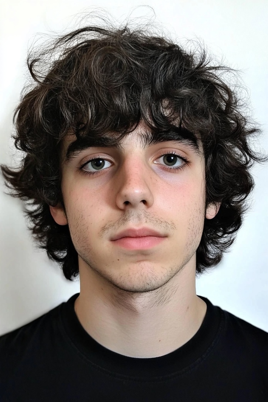 Black Crew Tee + Curly Mop Cut