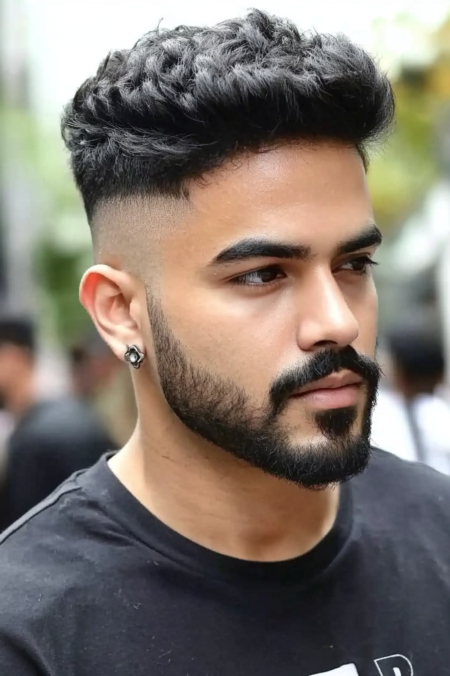 Curly Textured Quiff With High Skin Fade