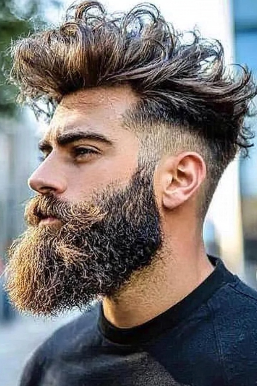 Messy Curly Quiff With Drop Fade and Full Beard