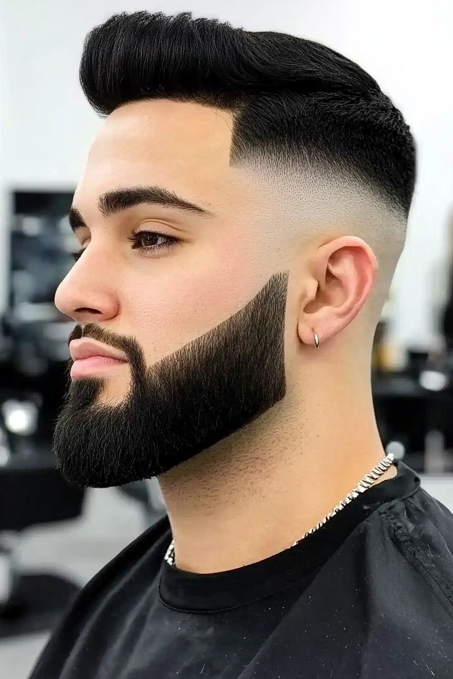 Sculpted Quiff With Burst Fade and Precision Beard
