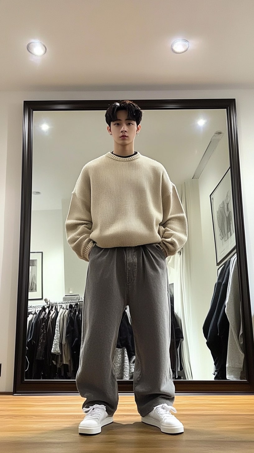 Beige Knit Sweater, Wide-Leg Grey Pants
