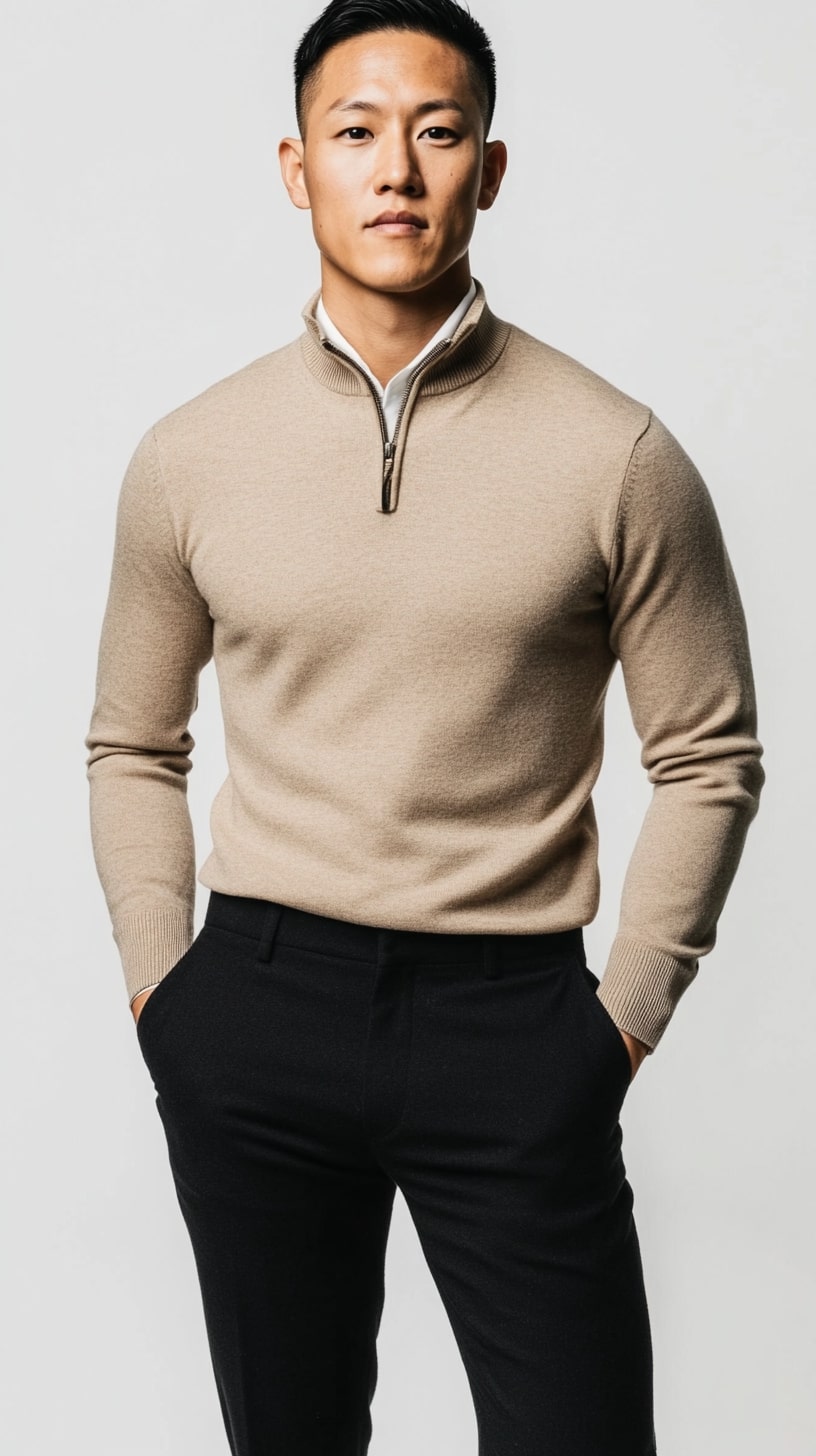 Beige Quarter-Zip Sweater Classic Black Trousers