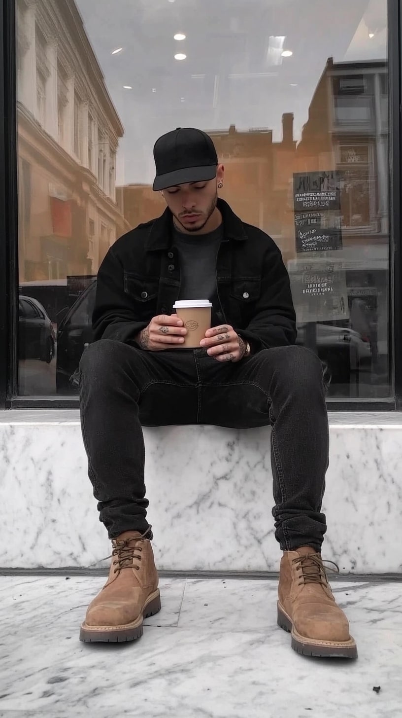 Black Denim Jacket Neutral Timber Boots