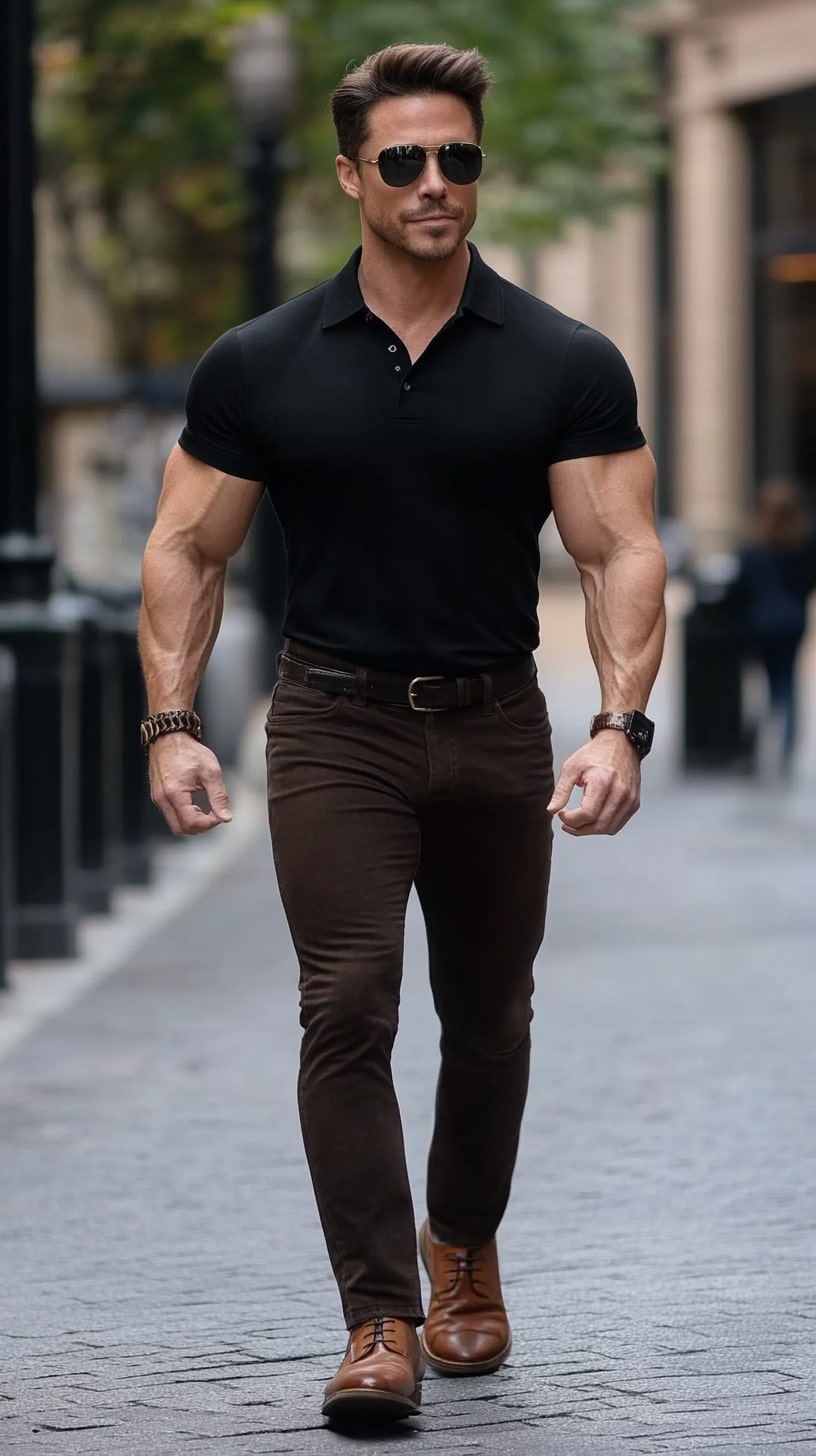 Black Polo Shirt Chocolate Slim-Fit Pants