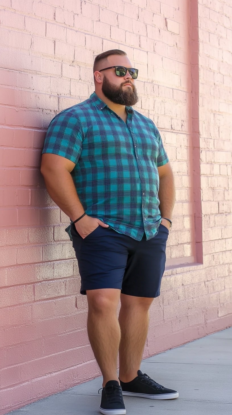 Blue-Green Plaid Shirt with Navy Shorts