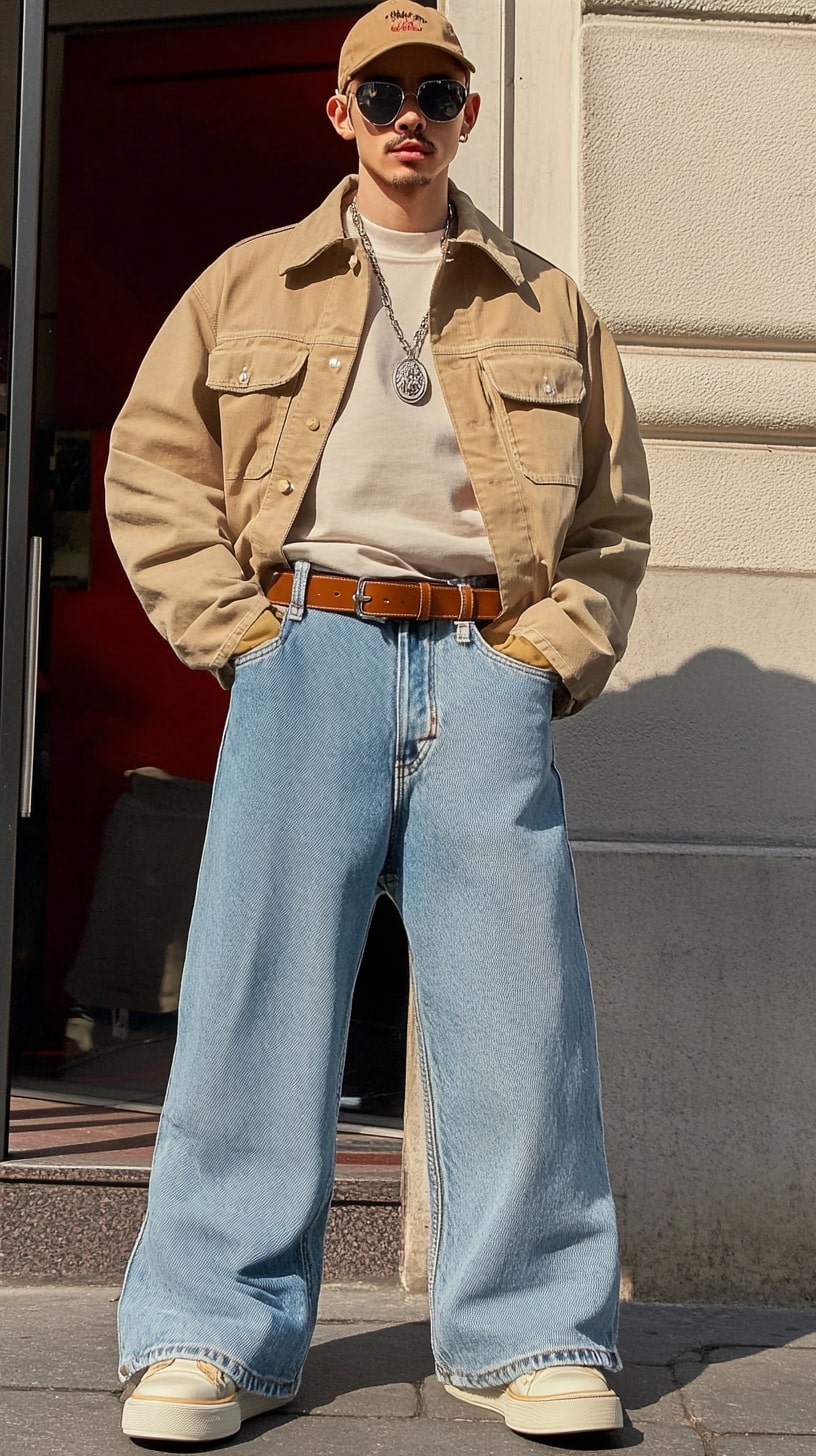 Camel Workwear Jacket, Baggy Blue Jeans