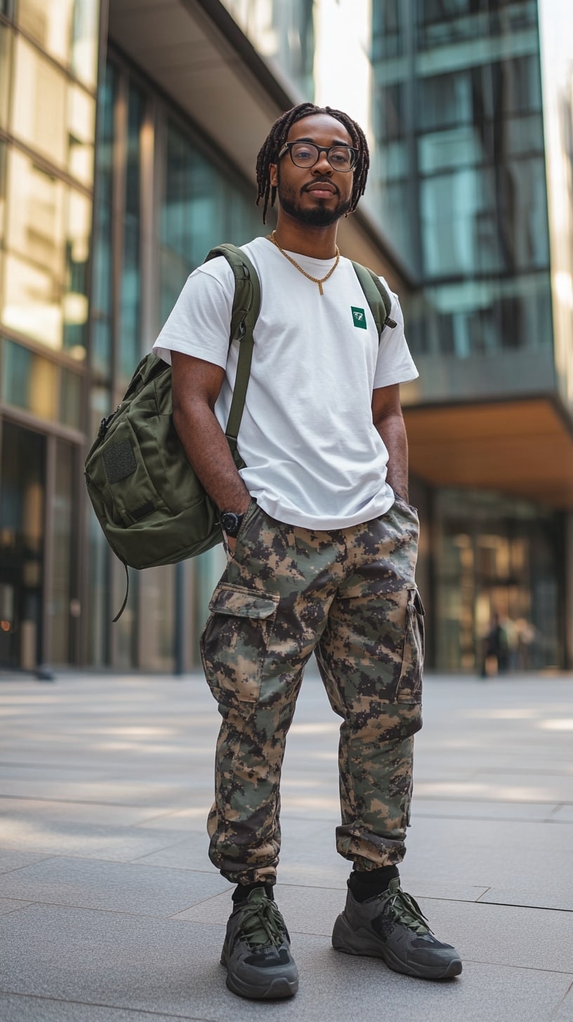 Camo Cargo Pants White Tee Fit