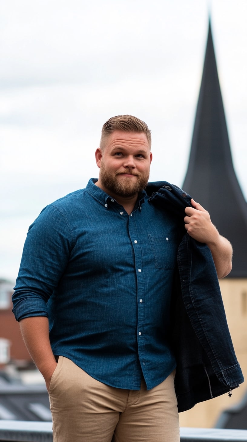 Dark Chambray Shirt Light Beige Pants