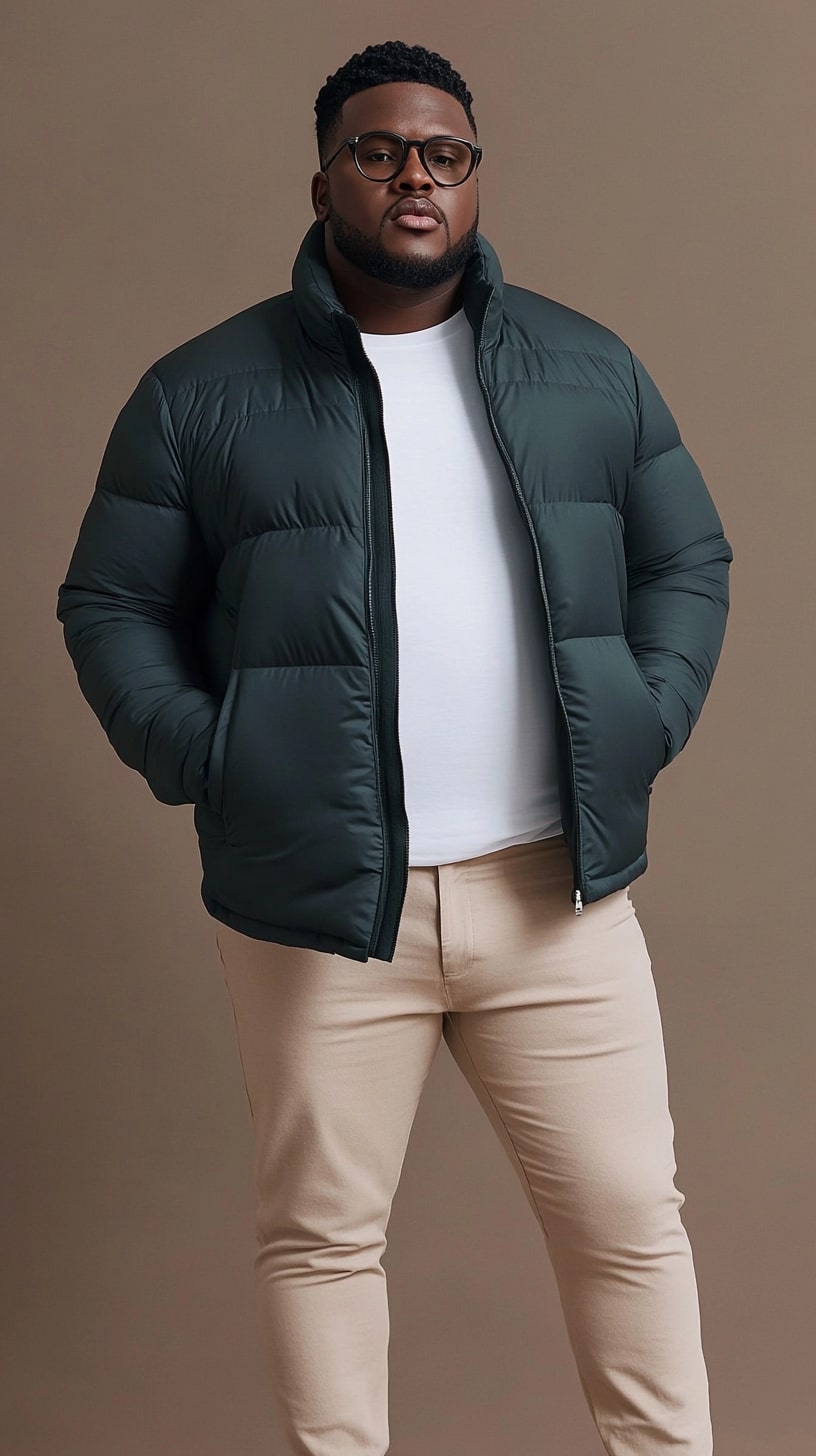 Dark Puffer Jacket Beige Slim Pants