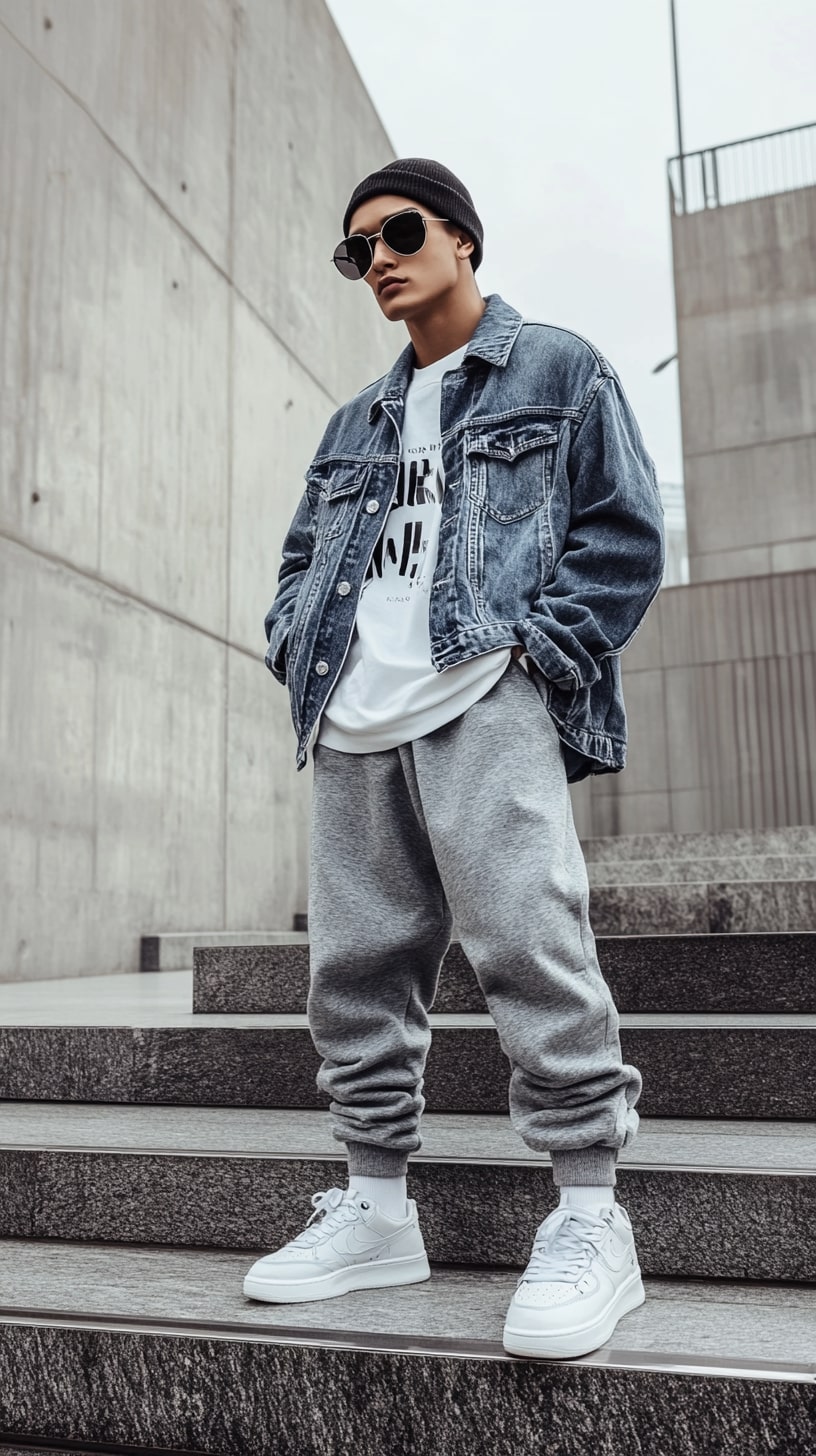 Denim Jacket Sweatpants and Beanie