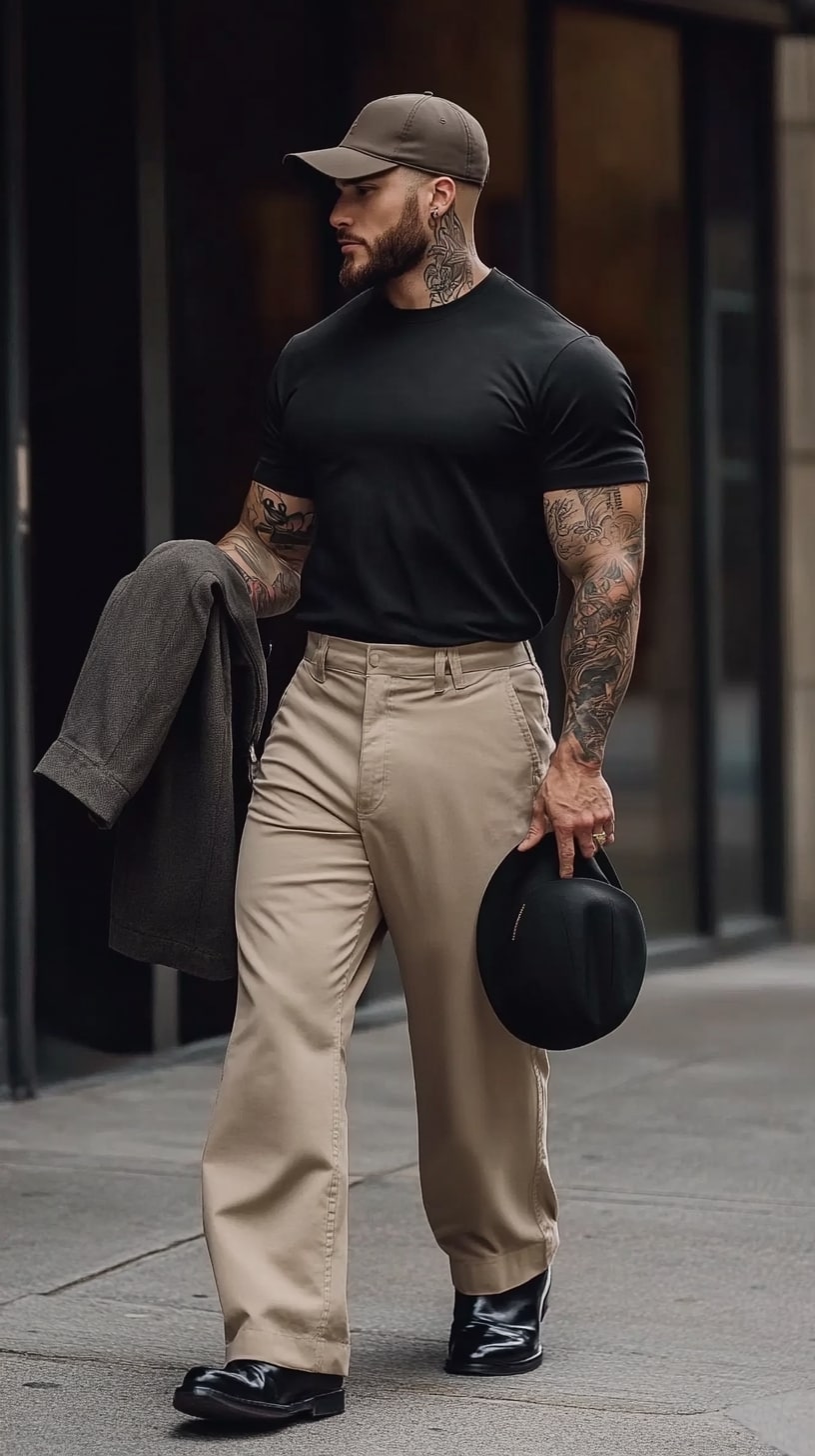 Fitted Black T-Shirt Khaki Trousers