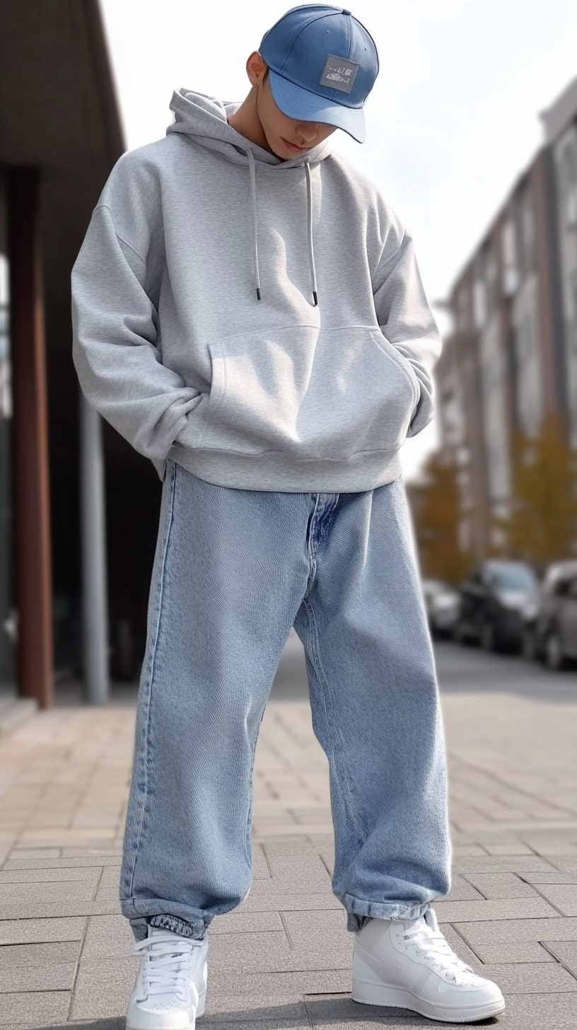 Gray Hoodie, Baggy Light Wash Jeans