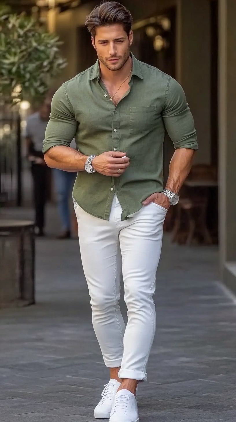Green Casual Shirt, Cropped White Pants