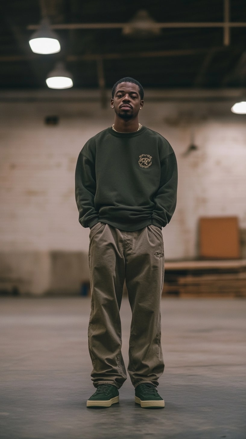 Green Crewneck Khaki Cargo Pants