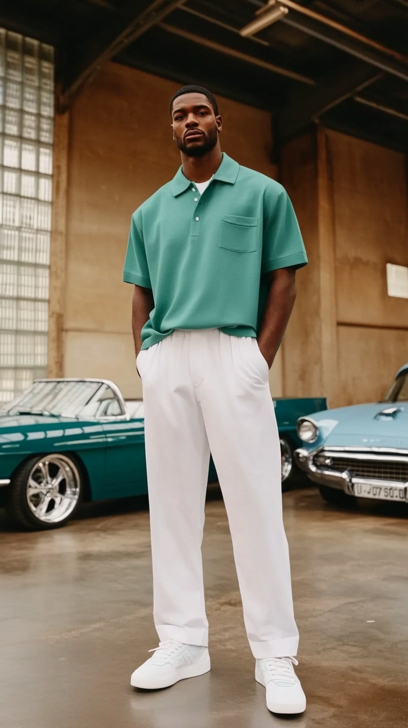 Green Polo Tailored White Slacks