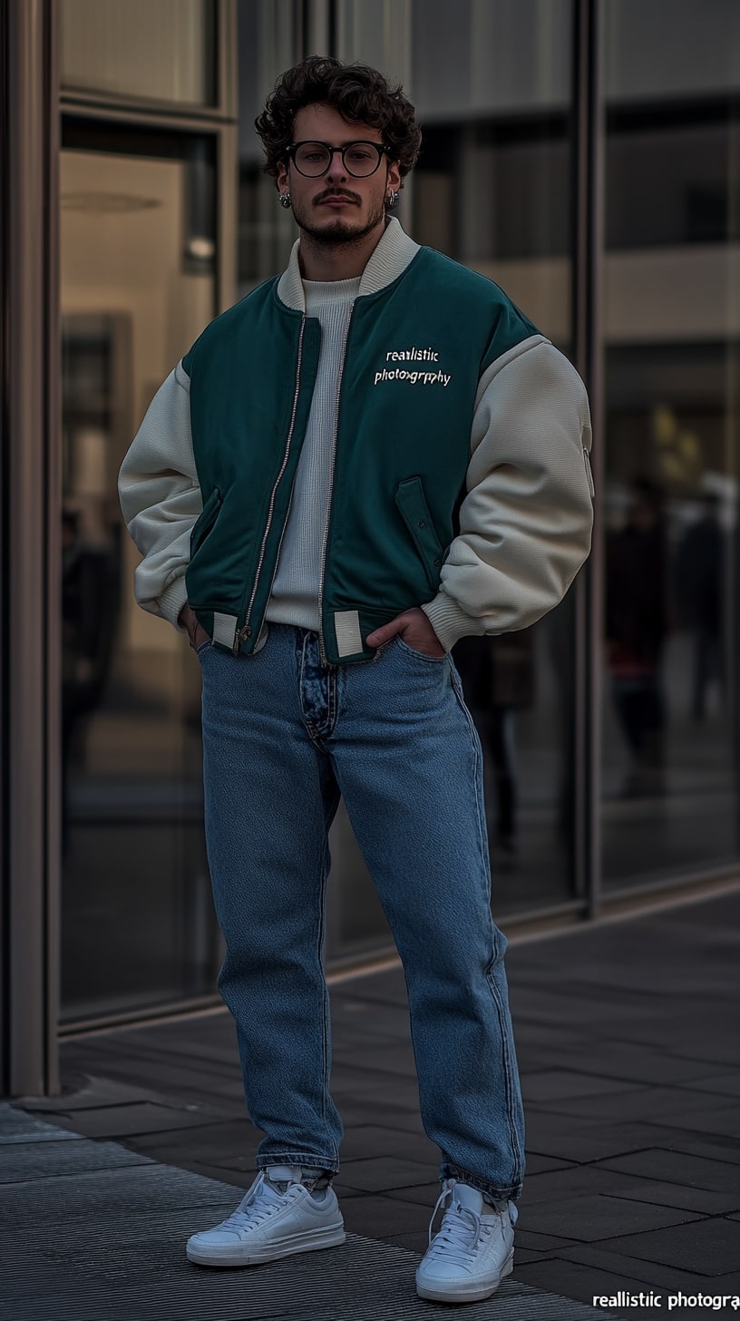 Green Varsity Jacket, Straight-Leg Denim