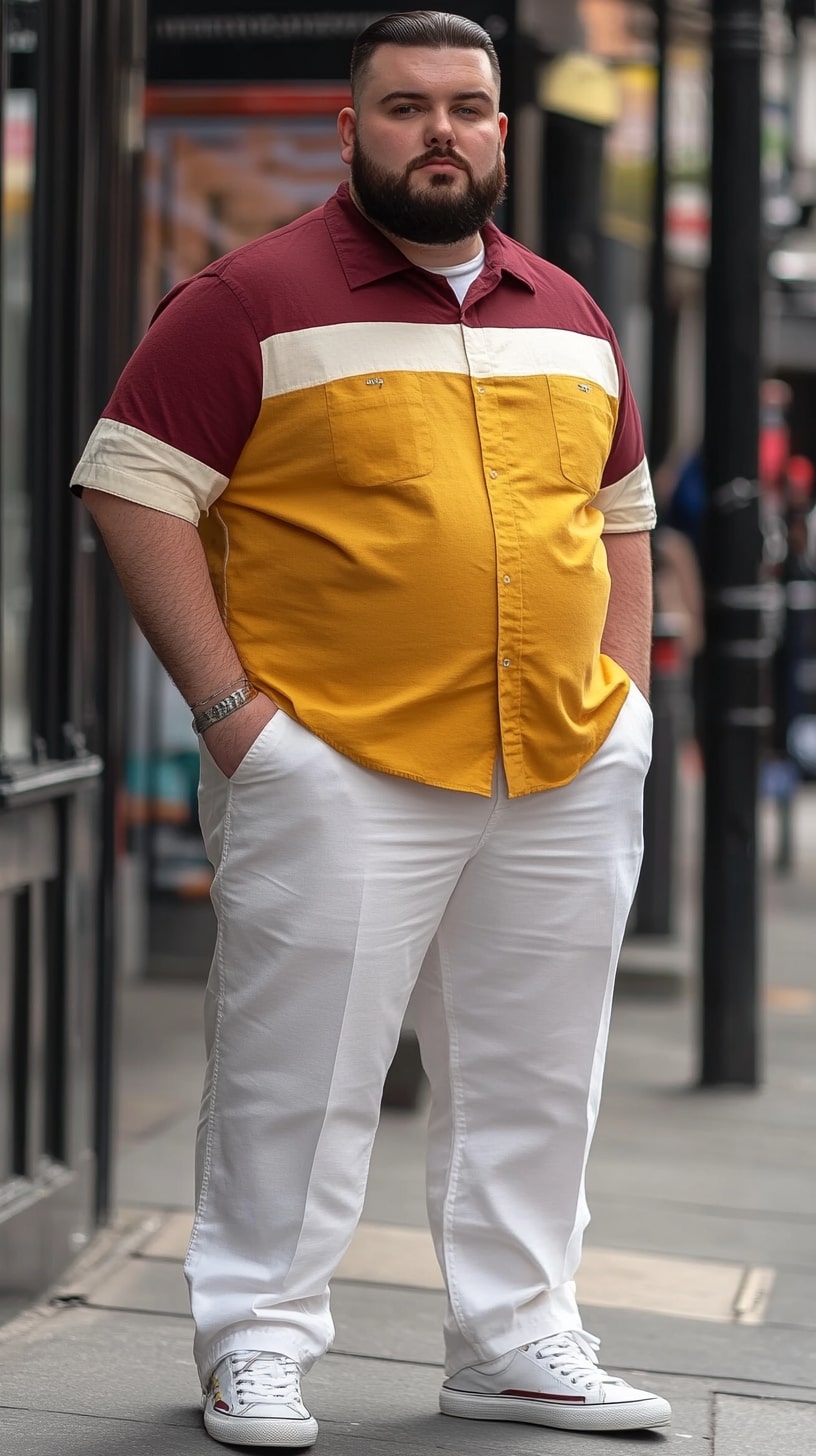 Maroon-Yellow Panel Shirt Crisp White Pants