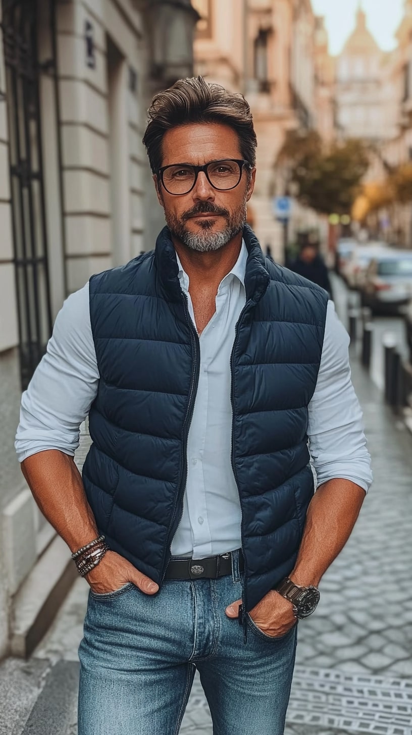 Navy Puffer Vest Classic White Shirt