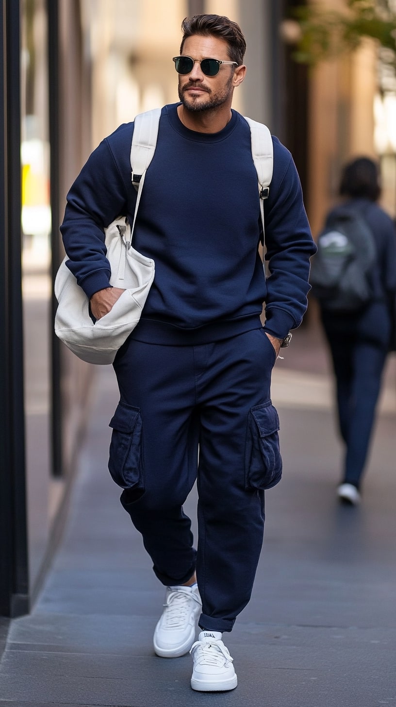 Navy Sweatshirt, Cargo Jogger Pants