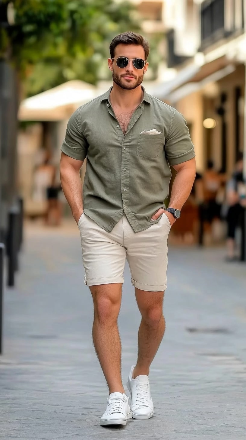 Olive Green Shirt Beige Shorts