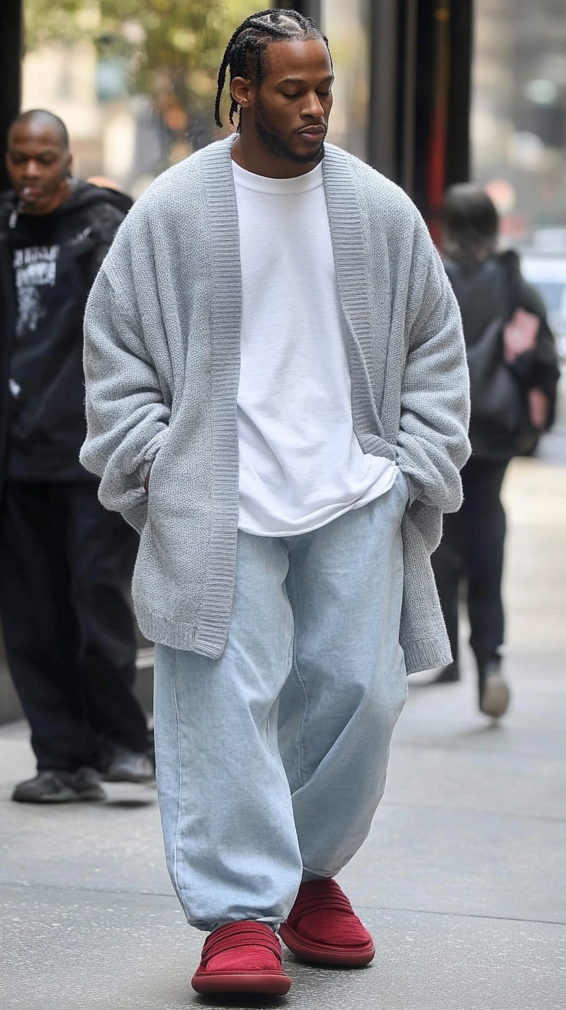 Oversized Cardigan, Pale Blue Trousers