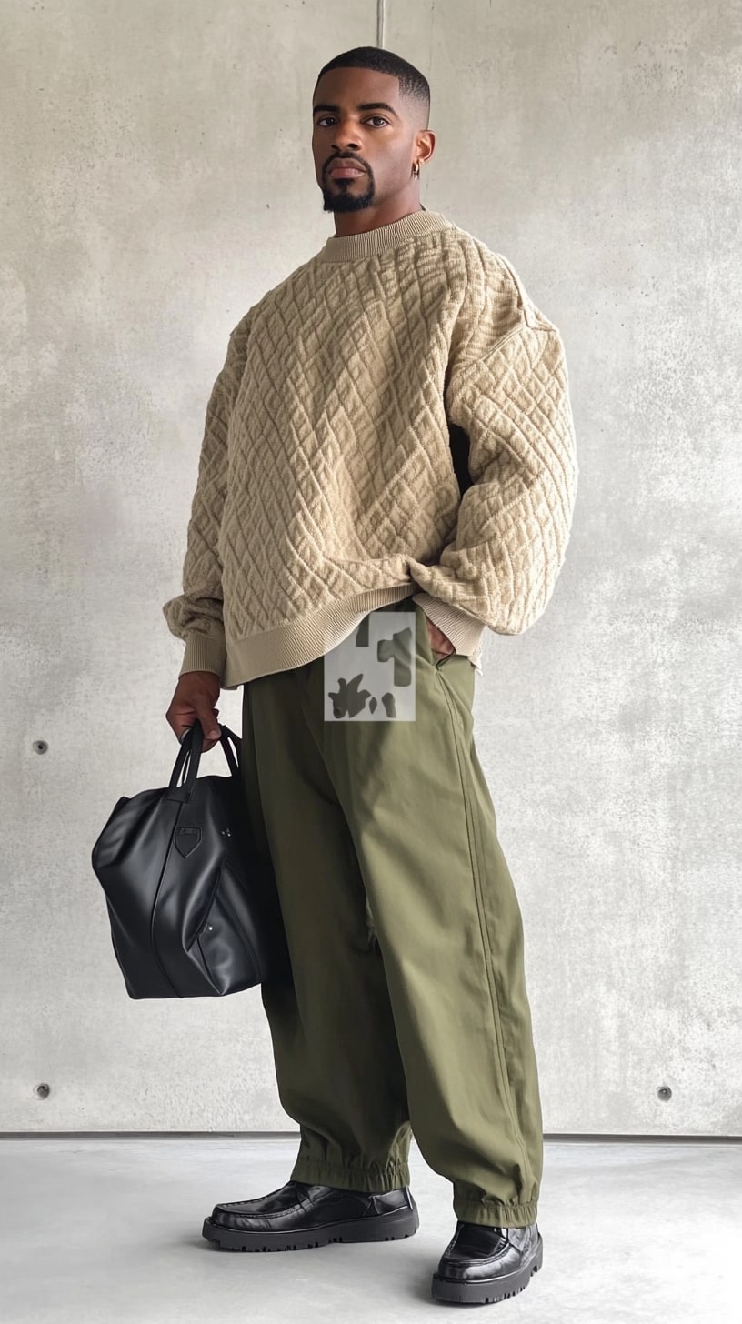 Oversized Quilted Beige Sweater Olive Green Trousers