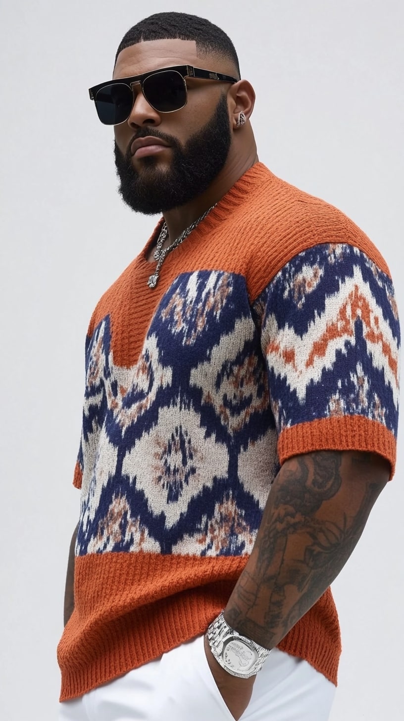 Patterned Knit Polo White Trousers