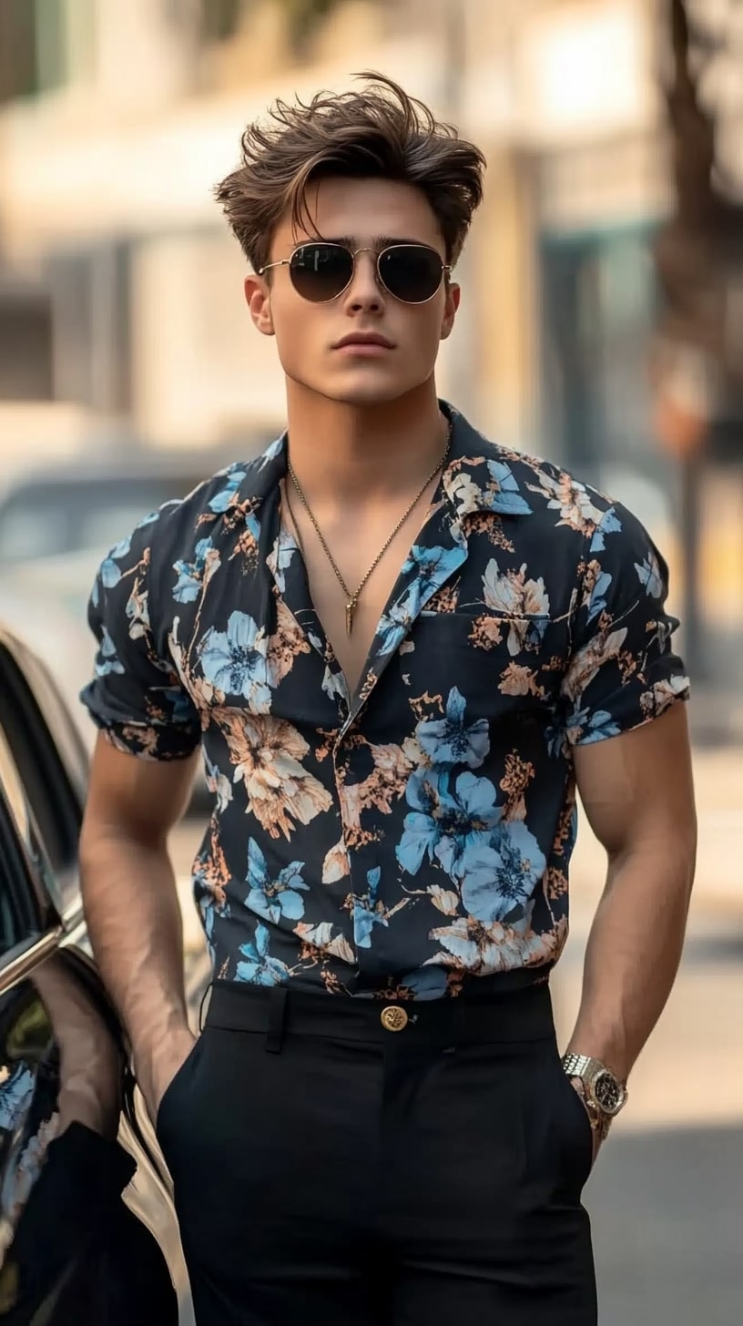Print Shirt High-Waist Black Trousers