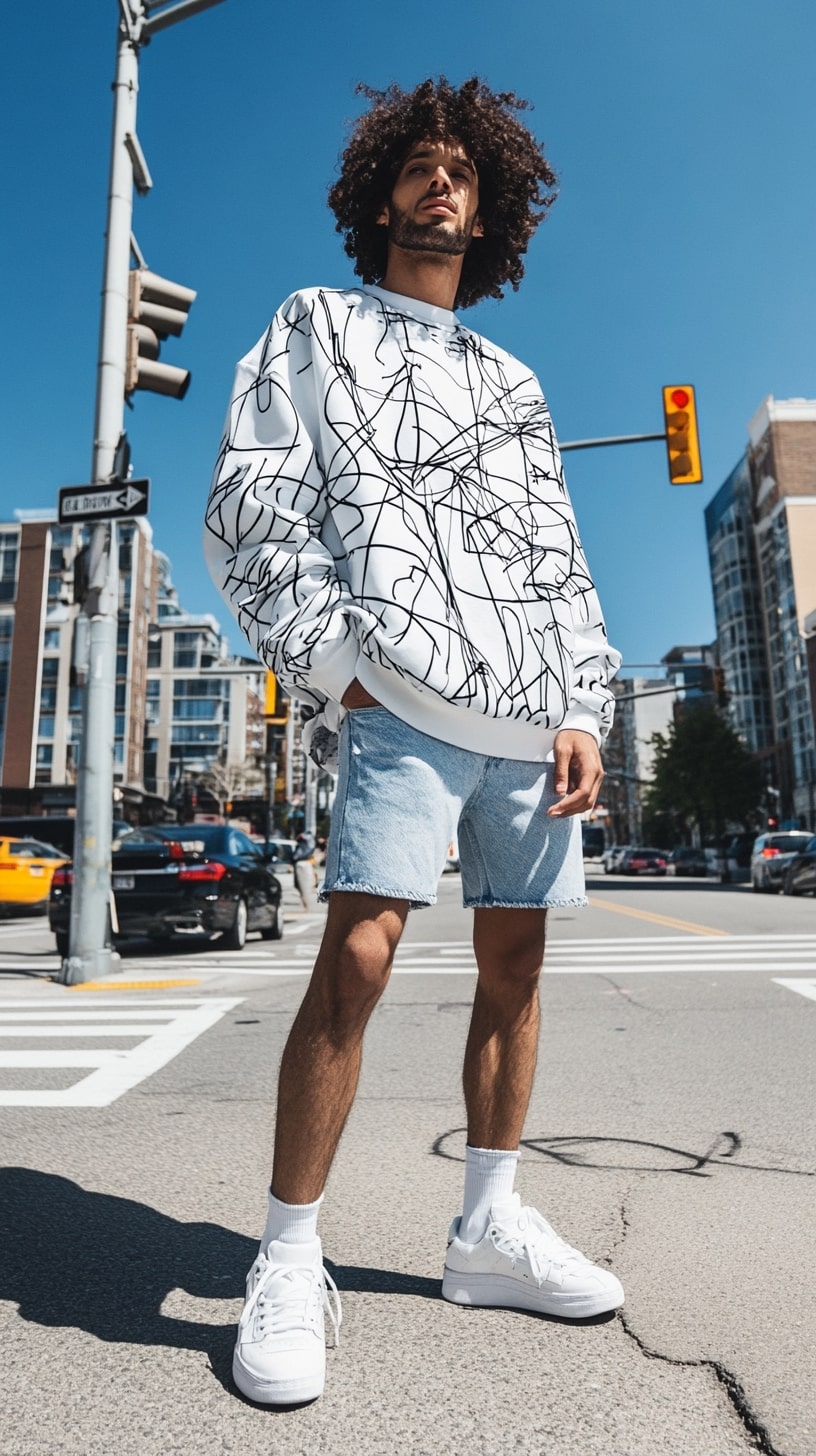 Scribble Pullover and Light Wash Shorts