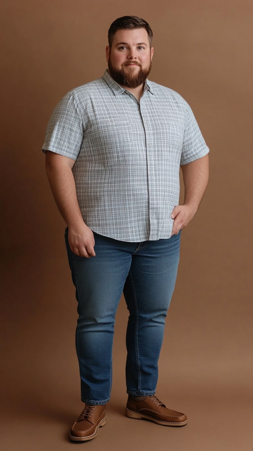 Short-Sleeve Check Shirt Blue Slim Jeans