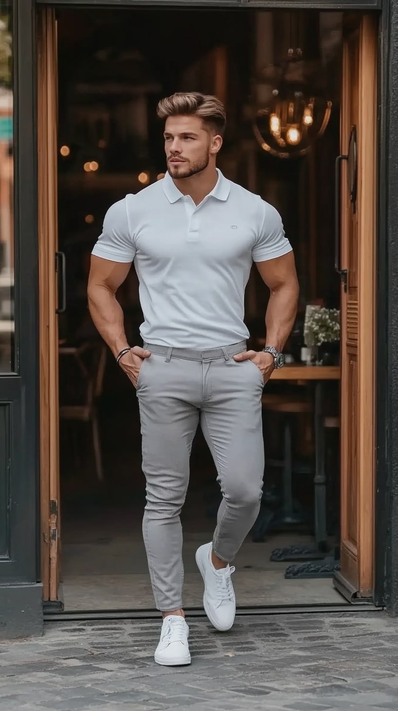 Short Sleeve Polo with Light Trousers