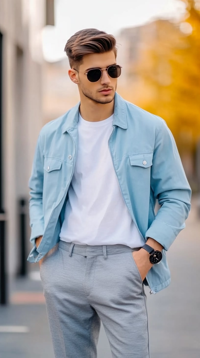 Sky Blue Shirt Jacket White Tee
