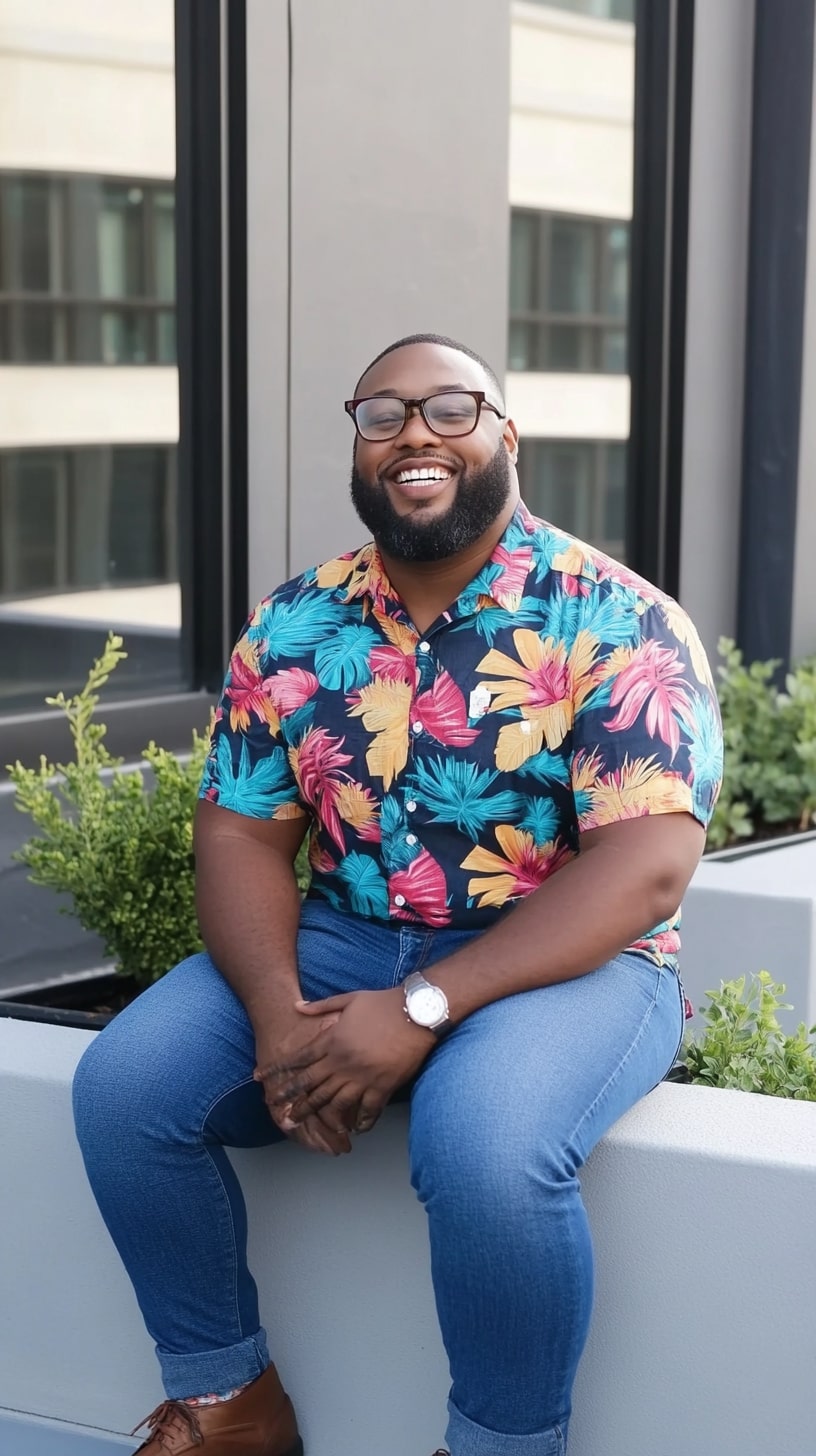 Tropical Print Shirt Rolled Blue Jeans