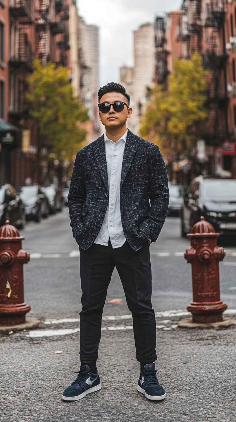 Tweed Blazer Joggers and Suede Sneakers