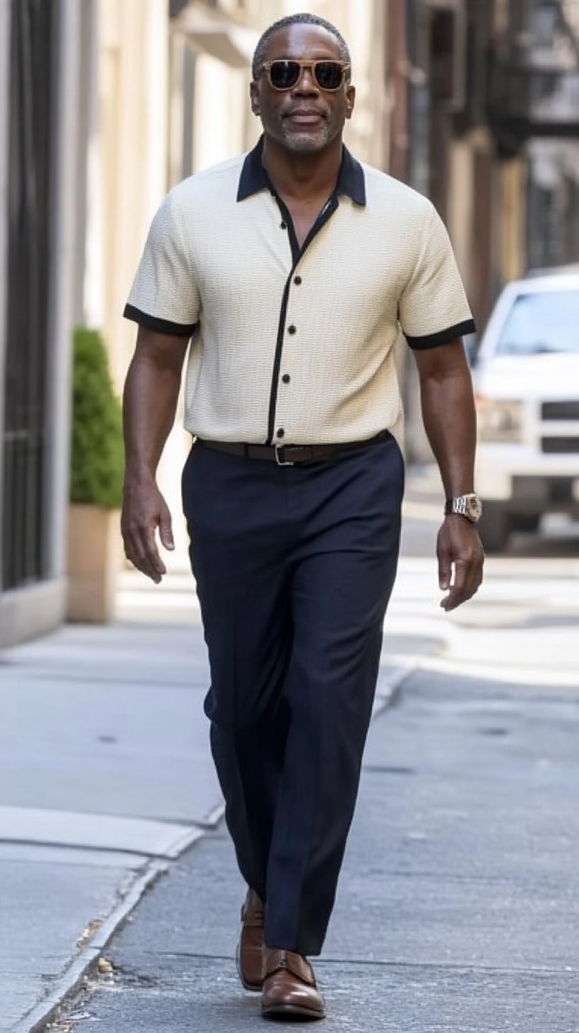 Two-Tone Button-Up Shirt Slim Fit Dress Pants