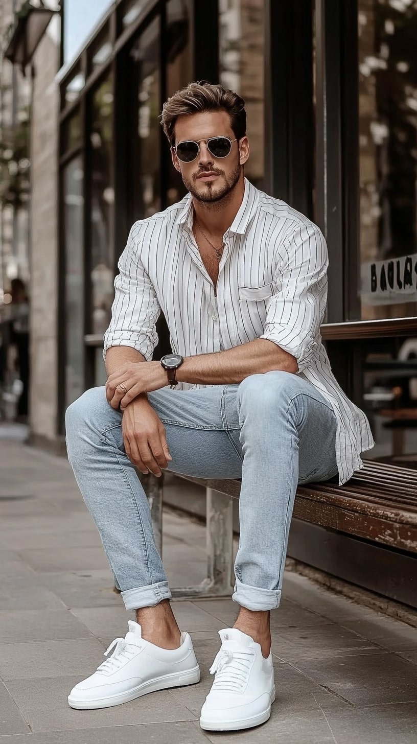 Vertical Stripe Shirt Rolled Jeans