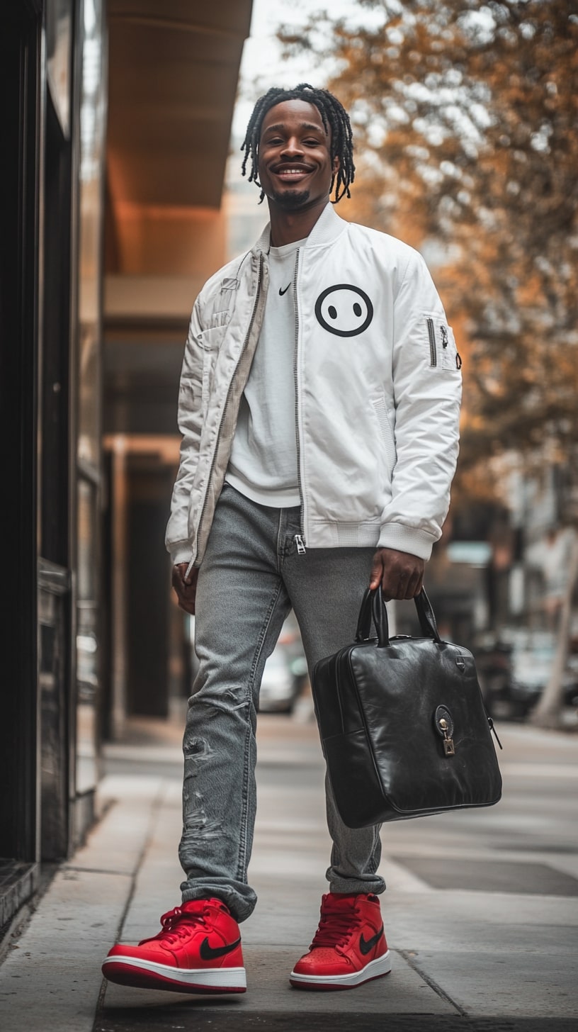 White Bomber Jacket with Red Sneakers