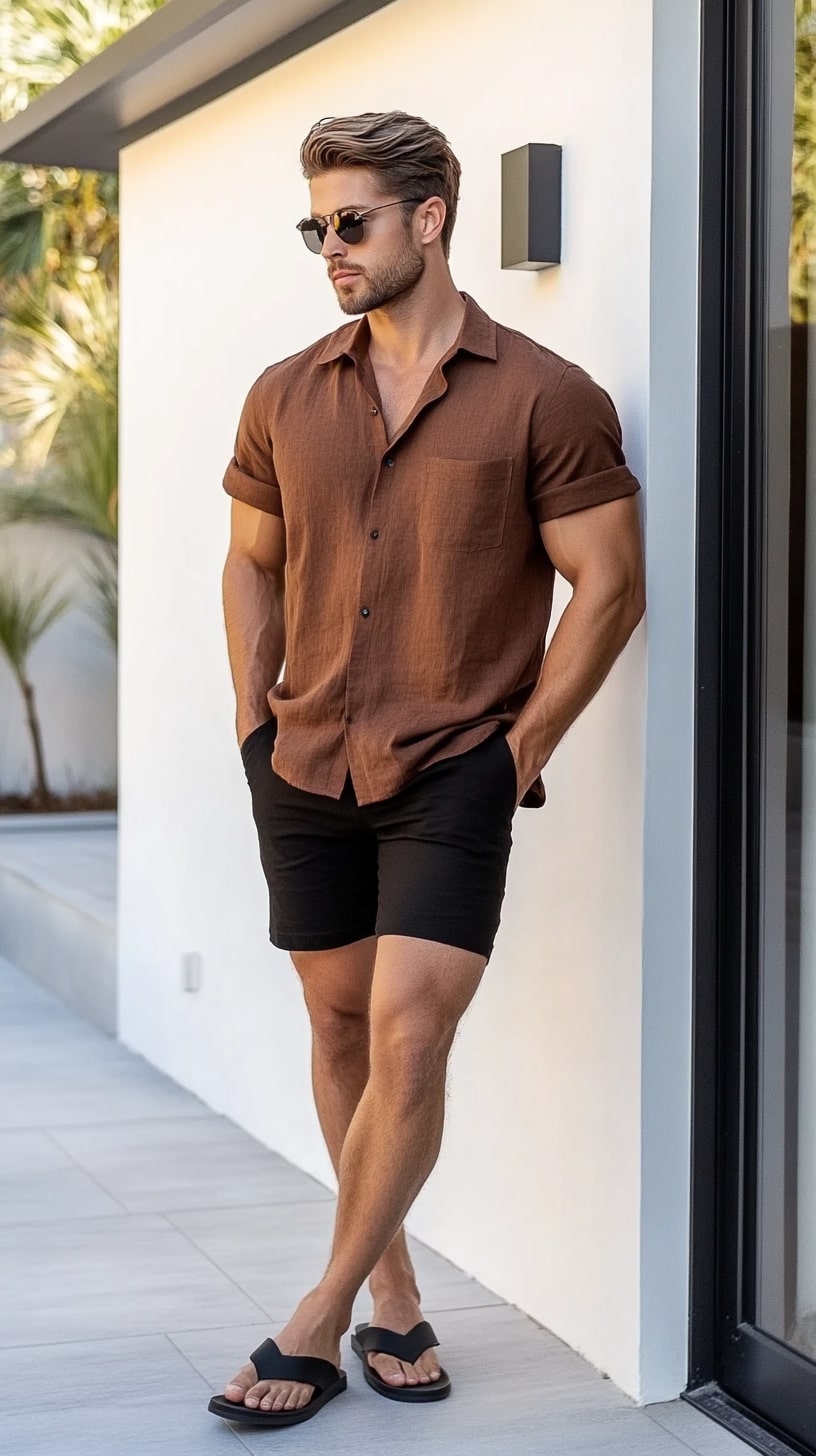 Brown Short-Sleeve Button-Up Shirt Black Tailored Shorts
