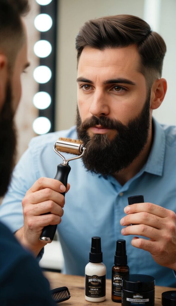 A man holds a beard roller tool and examines it closely, with various beard care products and a mirror in the background