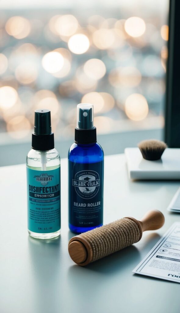 A beard roller sits on a clean, flat surface next to a bottle of disinfectant spray and a set of instructions