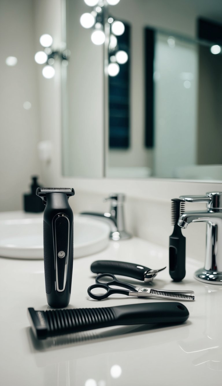 A man's grooming tools laid out on a clean, well-lit bathroom counter, including a razor, scissors, comb, and beard trimmer